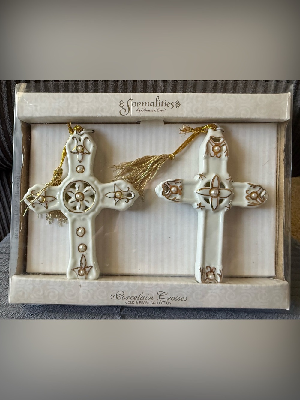 Formalities Porcelain Cross Christmas Ornaments White with Gold Accents Pearl